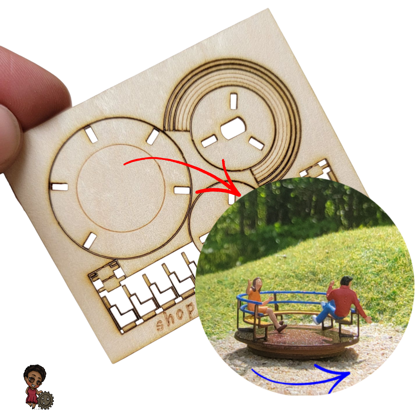 Lebendige Miniaturwelt. Aus der Karte entsteht ein Karussell-