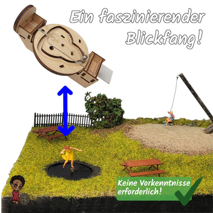 Bausatz und Diorama. Mit diesem Lasercut-Bausatz kannst Du beispielsweise einen Trampolinspringer mit Bewegung zum Leben erwecken. Der Bausatz realisiert mechanisch drei verschiedene Sprunghöhen.